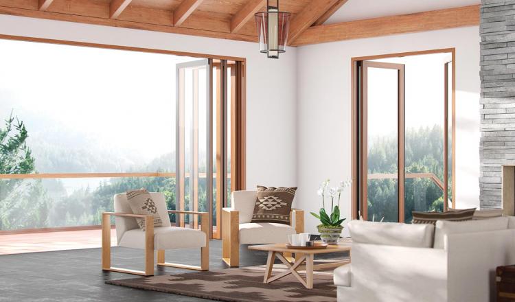 100 Series Doors featuring a solid oak interior and aluminium exterior, with concealed hardware. 
